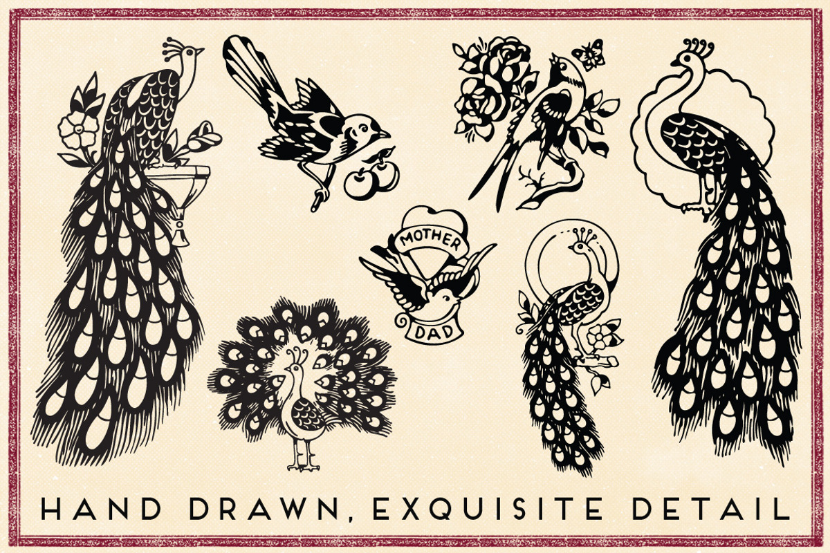 Tattoos 7 Retro Birds & Peacocks, an Illustration by Piddix Archives (Photo 2 of 4)
