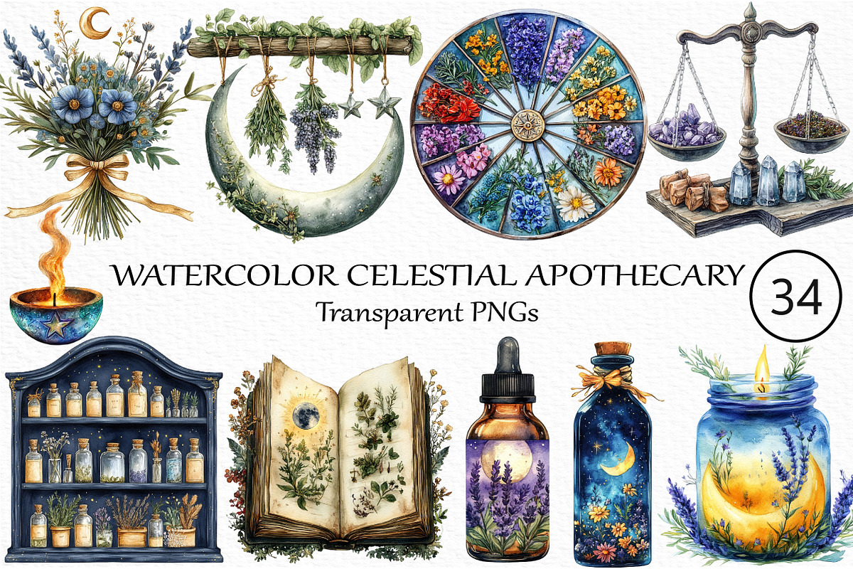 Watercolor Celestial Apothecary PNG, an Illustration by Craft Nest (Photo 1 of 5)