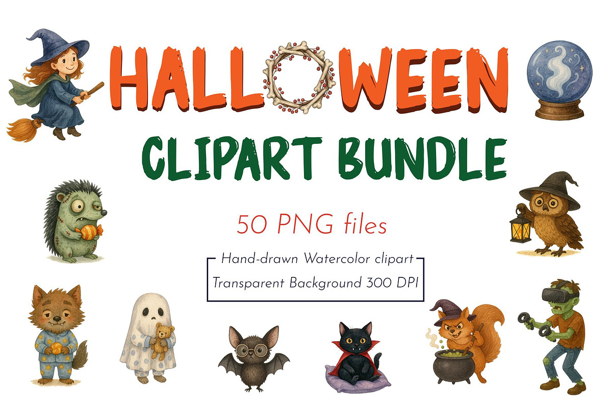 Watercolor Halloween Clipart Bundle, a Seasonal Illustration by GeoWander (Photo 1 of 3)