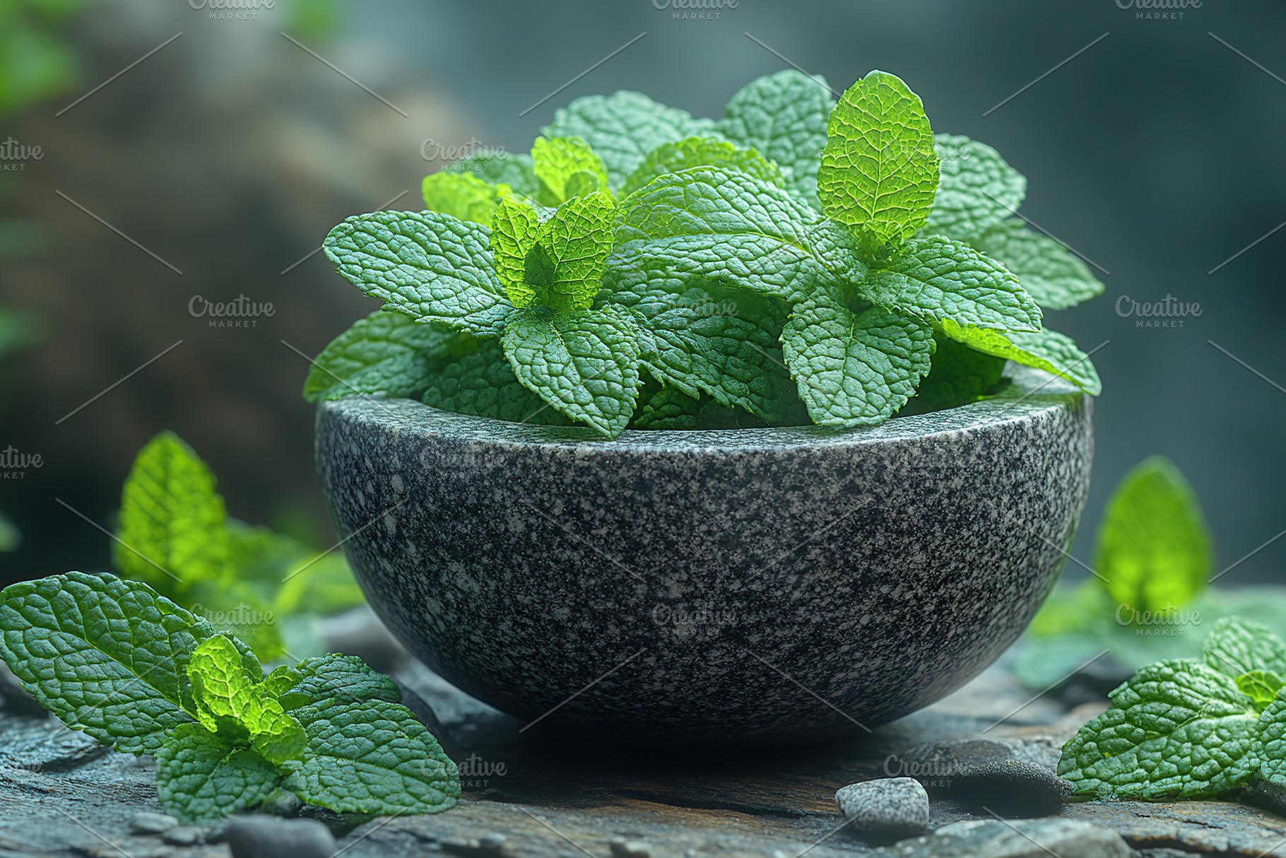 Green mint leaves in modern stone mortar on wooden table, a Food & Drink Photo by AlyaAnd