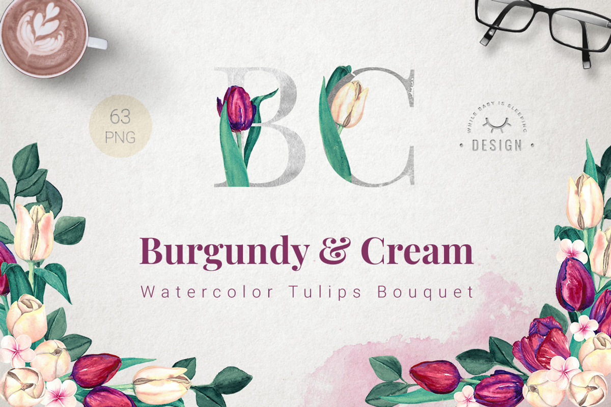 Burgundy and Cream Watercolor Tulips, an Illustration by WBS Design (Photo 1 of 6)