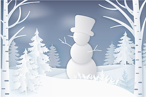 Snowman Standing In Forest With Pine