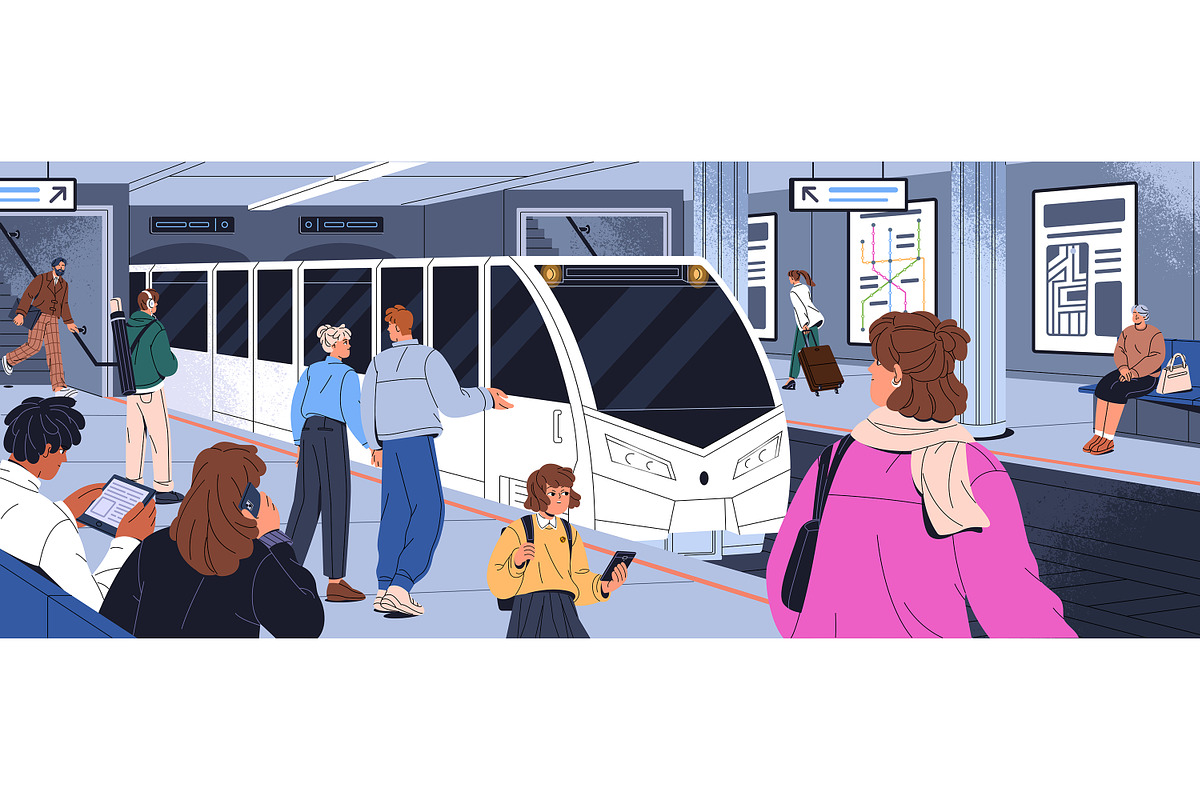 People wait at subway, metro station, a Transportation Illustration by PaperTrident (Photo 1 of 2)