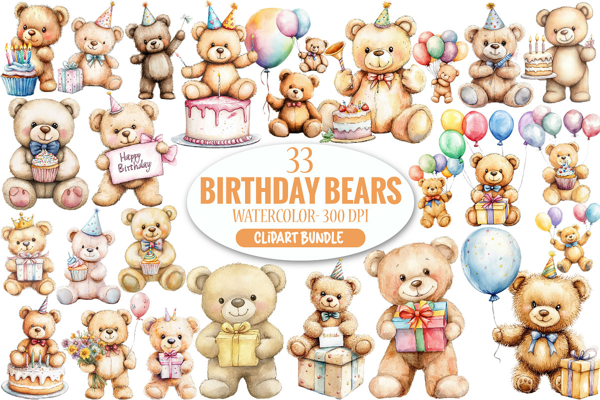 Watercolor Birthday Bears Clipart, an Illustration by Pixels.Craft (Photo 1 of 7)