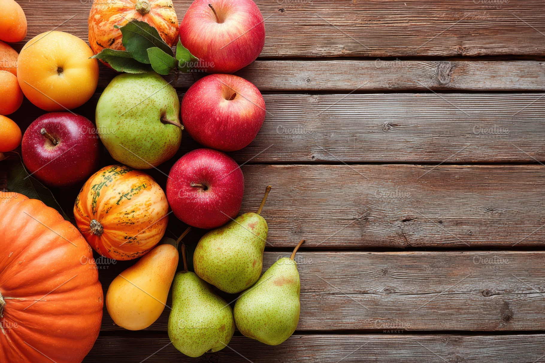 Fresh autumn fruits and vegetables on wooden table, a Food & Drink Photo by AlyaAnd