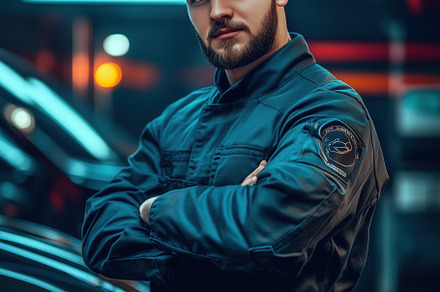 A confident young auto mechanic man in a dark blue mechanic's uniform and cap,, a Person Photo by Textures & Backgrounds