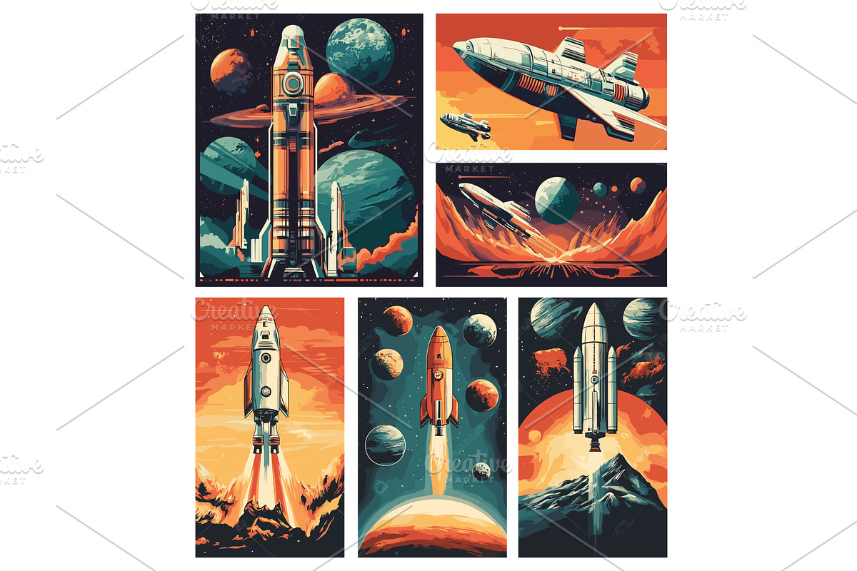 Cartoon space posters. Astronaut on, an Illustration by Stock-Smart-Start