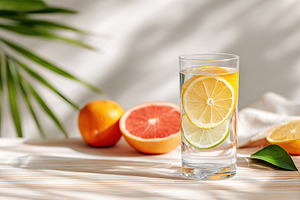 Refreshing cold citrus water garnished with vibrant fruit on a minimalist table, a Food & Drink Photo by AlyaAnd