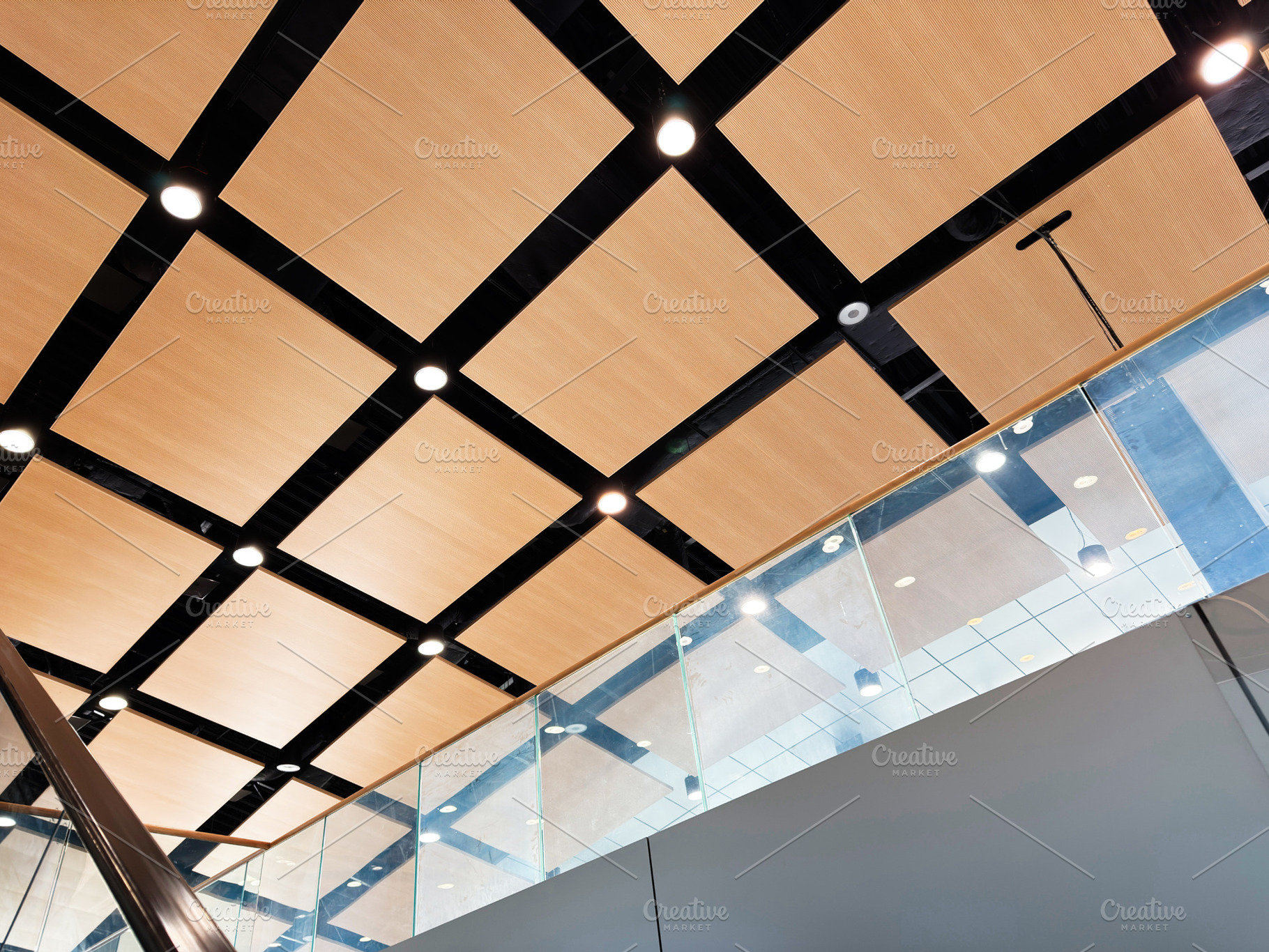 Modern architectural ceiling with wooden panels and glass balust, a Photo by AS photostudio
