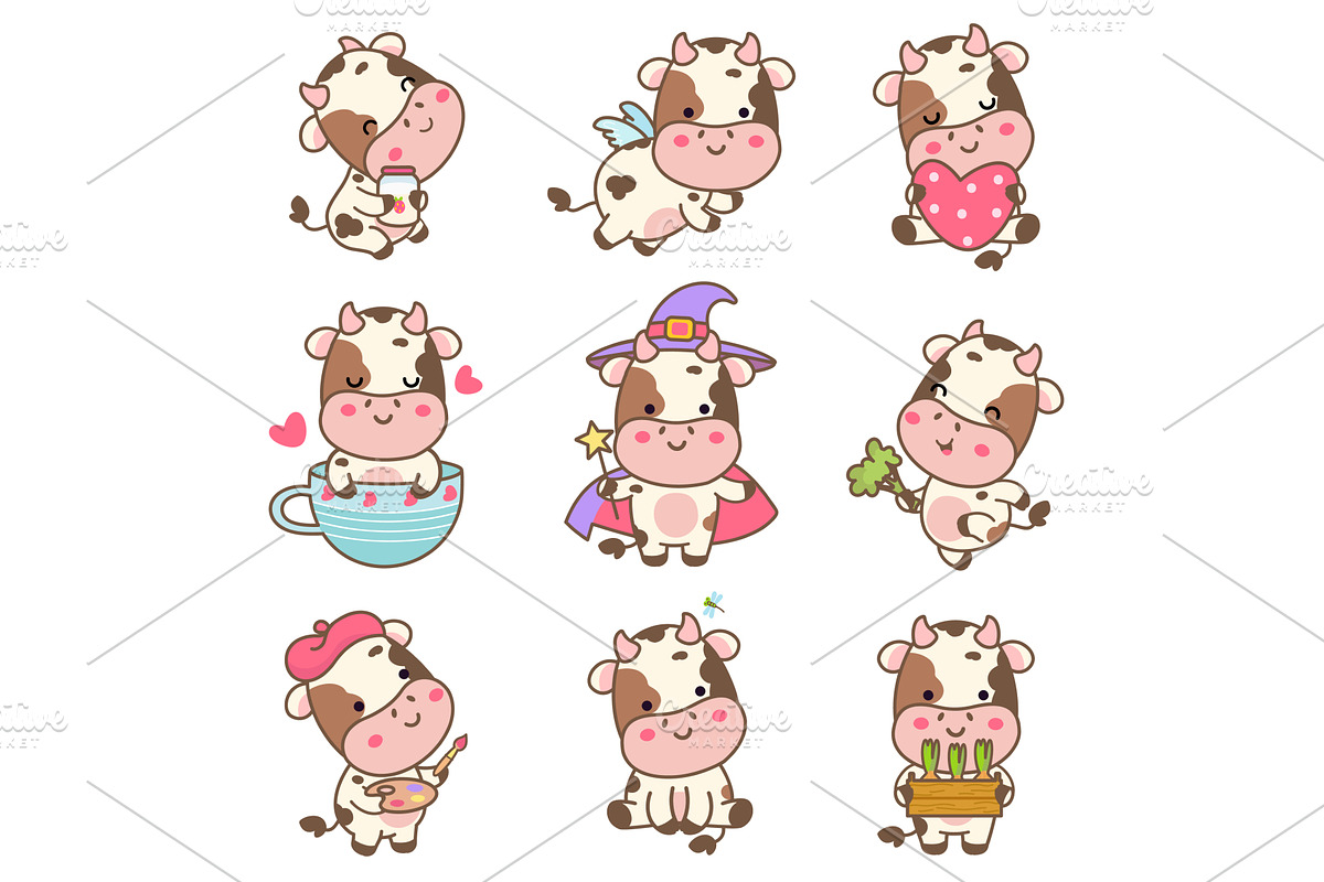 Kawaii cow. Funny cows stickers, an Animal Illustration by Stock-Smart-Start