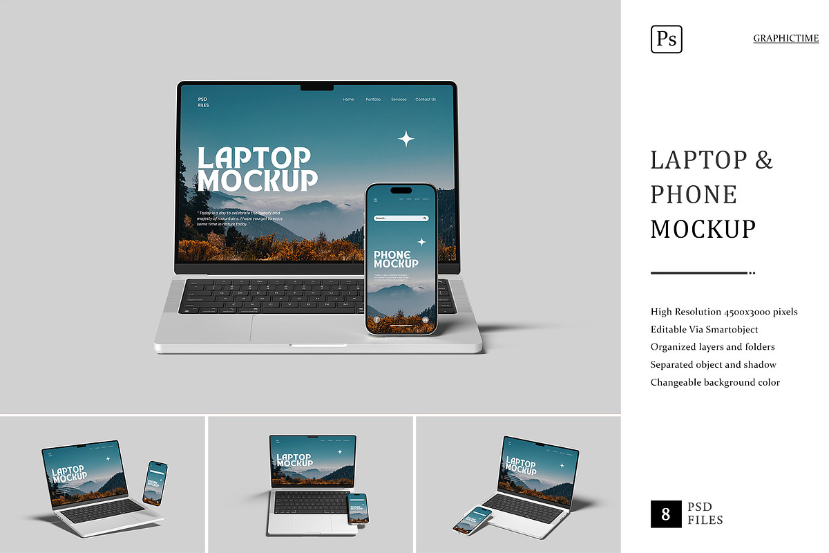 laptop and Phone Mockup, a Wearable Device Mockup by graphictime (Photo 1 of 10)