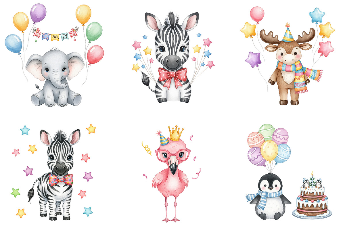 Birthday Baby Animal Clipart, Party, an Illustration by Watercolor design (Photo 4 of 4)