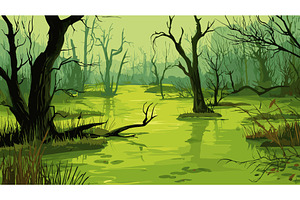 Swamp landscape. Marsh background, an Illustration by Stock-Smart-Start