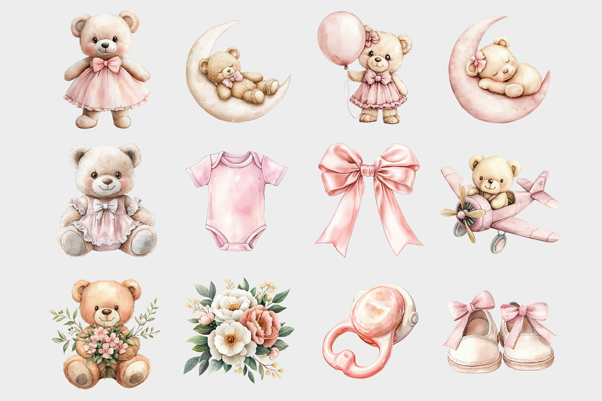 Watercolor Blush Teddy Bear Clipart, a Seasonal Illustration by Design Market (Photo 3 of 5)