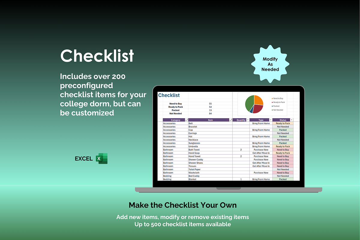 College Dorm Checklist - Excel preview 2