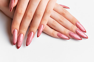 Woman's hands showing long pink glitter fingernails manicure wit, a Beauty & Fashion Photo by Olena Rudo