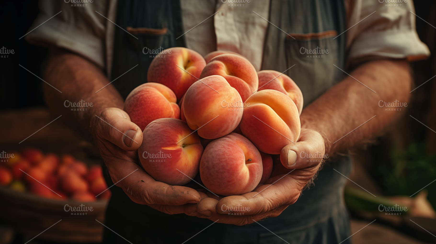 A farmer holding a cluster of fresh, ripe peaches in his hands. The background, a Food & Drink Photo by Textures & Backgrounds
