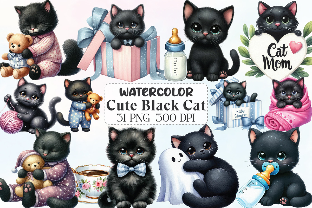 Watercolor Cute Black Cat Clipart, an Illustration by CraftArtStudio (Photo 1 of 6)