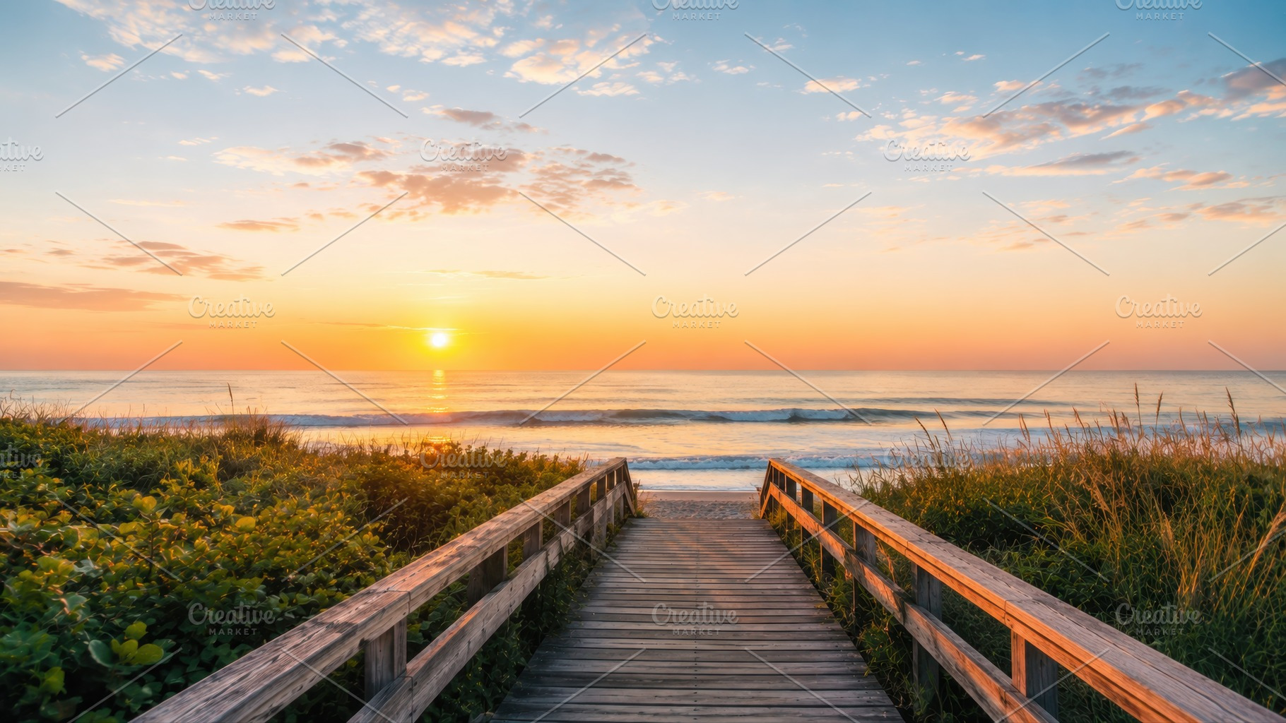 Sunset at the beach with wooden path, a Photo by Beautiful things