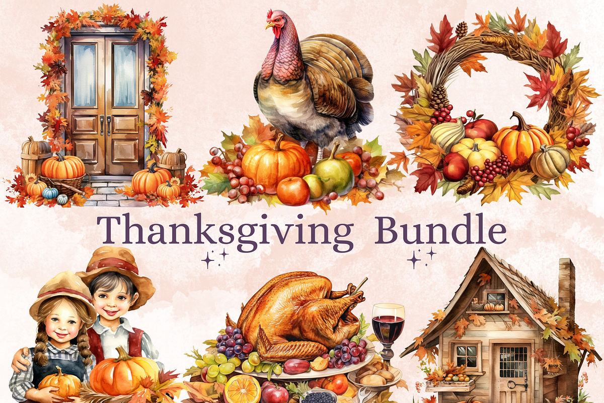 Watercolor Thanksgiving Clipart, an Illustration by GiraffeCreative (Photo 1 of 9)