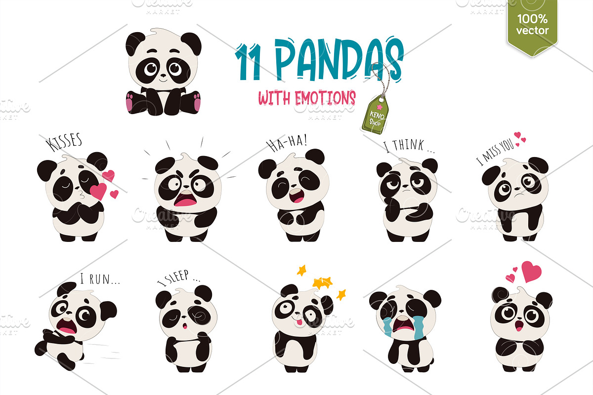 11 Cute Cartoon Pandas. T-Shirt, an Animal Illustration by KENO Mascots (Photo 2 of 3)