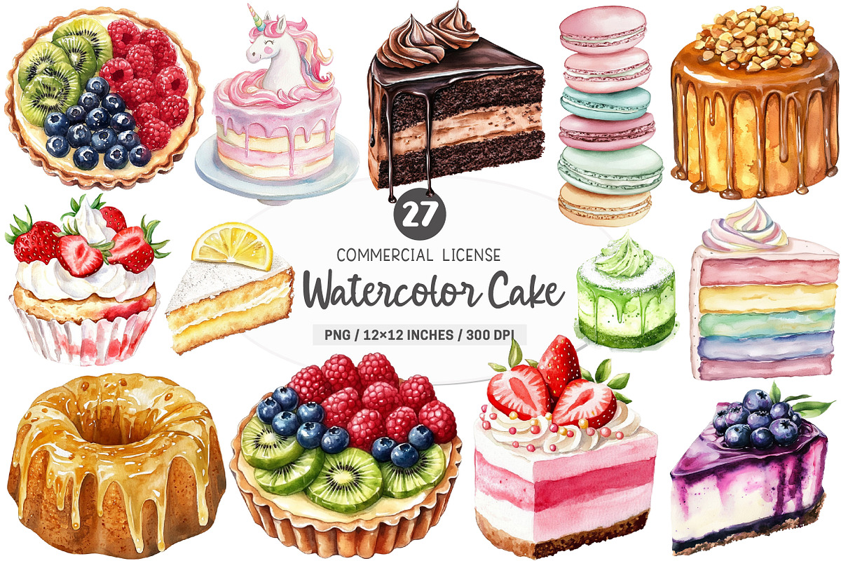 Watercolor Cake Clipart PNG, an Illustration by SinaCreation (Photo 1 of 5)