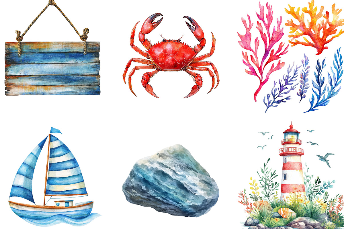 Watercolor Sea Set Clipart, an Illustration by Designking (Photo 4 of 5)