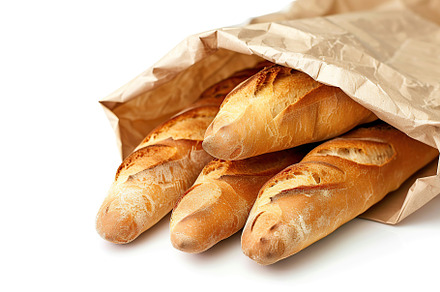 Freshly baked baguette in paper bag isolated on white background, a Food & Drink Photo by AlyaAnd