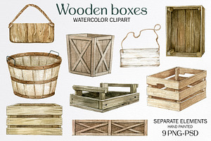 Watercolor empty wooden box clipart