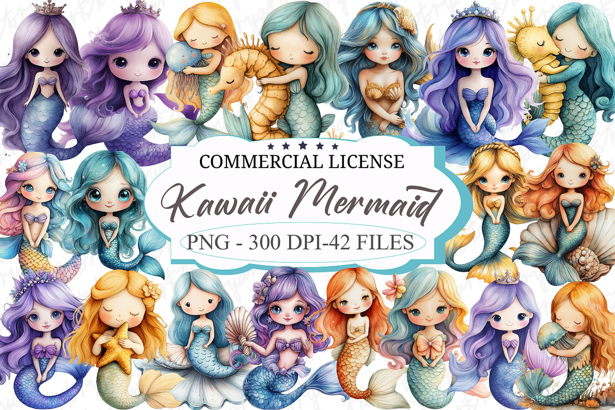 Kawaii Mermaid Clipart, an Illustration by designcity5 (Photo 1 of 5)
