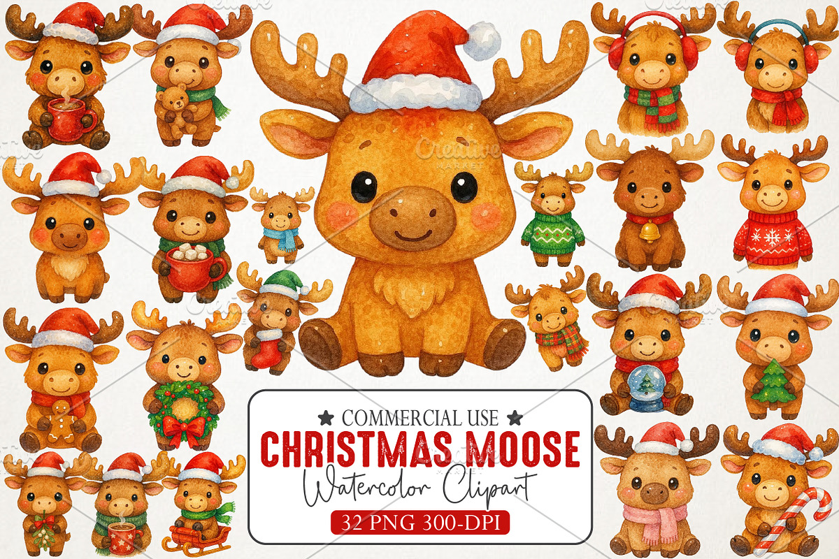 Kawaii Christmas Moose Clipart, an Illustration by RobertsArt (Photo 1 of 7)