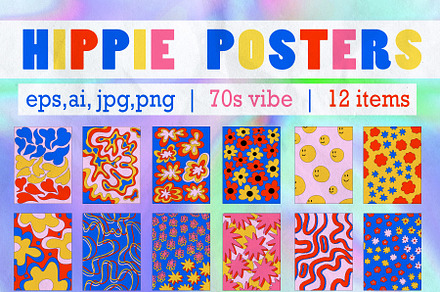 Retro hippie posters.70s patterns