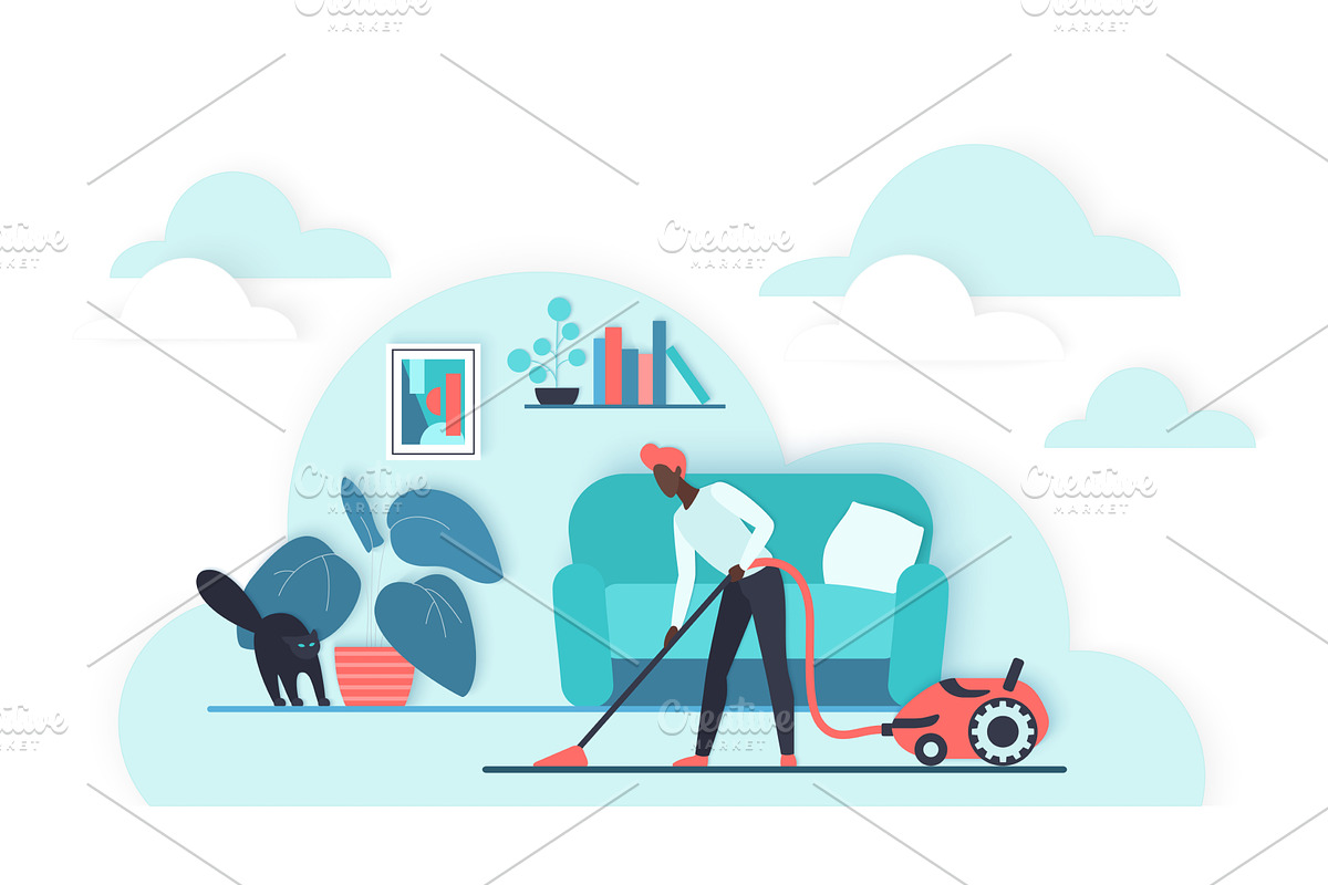 Woman vacuuming living room cat, an Object Illustration by Lemberg Vector