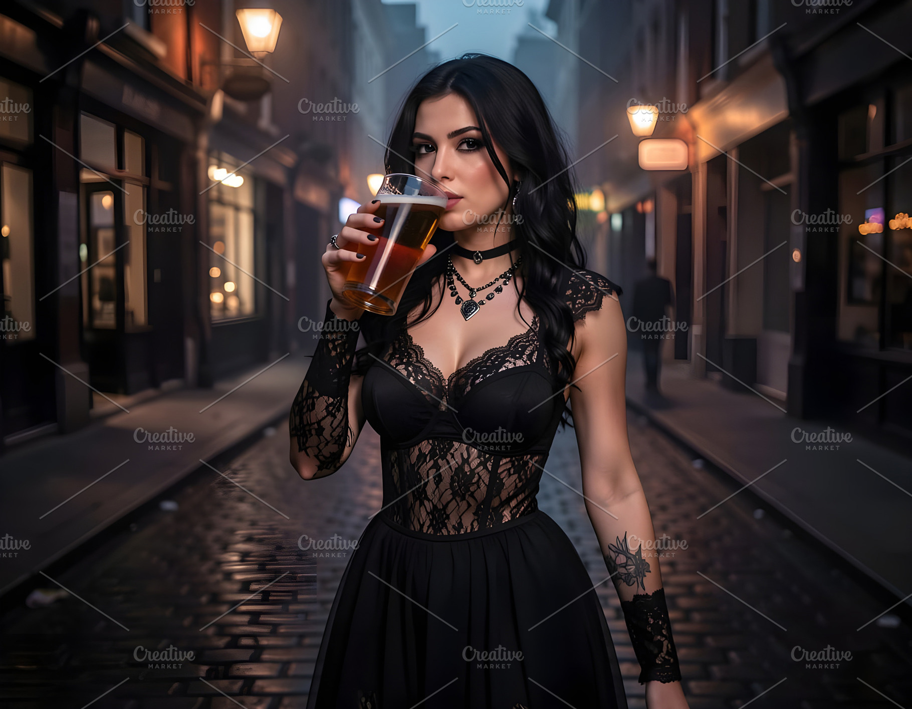 beautiful young goth woman drinking beer AI generated, a Photo by WorldOfPhotos
