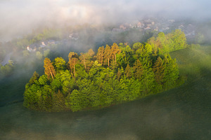 Farmland and countryside in the morning fog