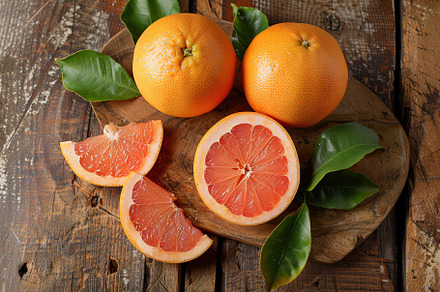 Fresh and tasty grapefruits with green leaves on wooden background, a Food & Drink Photo by AlyaAnd