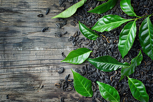 Dry tea leaves with fresh green tea leafs and copyspace on wooden background, a Food & Drink Photo by AlyaAnd
