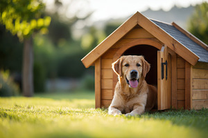 Labrador dog relaxing in a modern wooden dog house, an Animal Photo by AlyaAnd