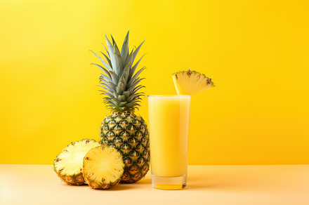 Sliced pineapples and glass of juice on yellow background, a Food & Drink Photo by AlyaAnd