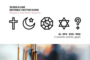 50 Religion and Belief Sytem Icons, an Outline Icon by Side Project