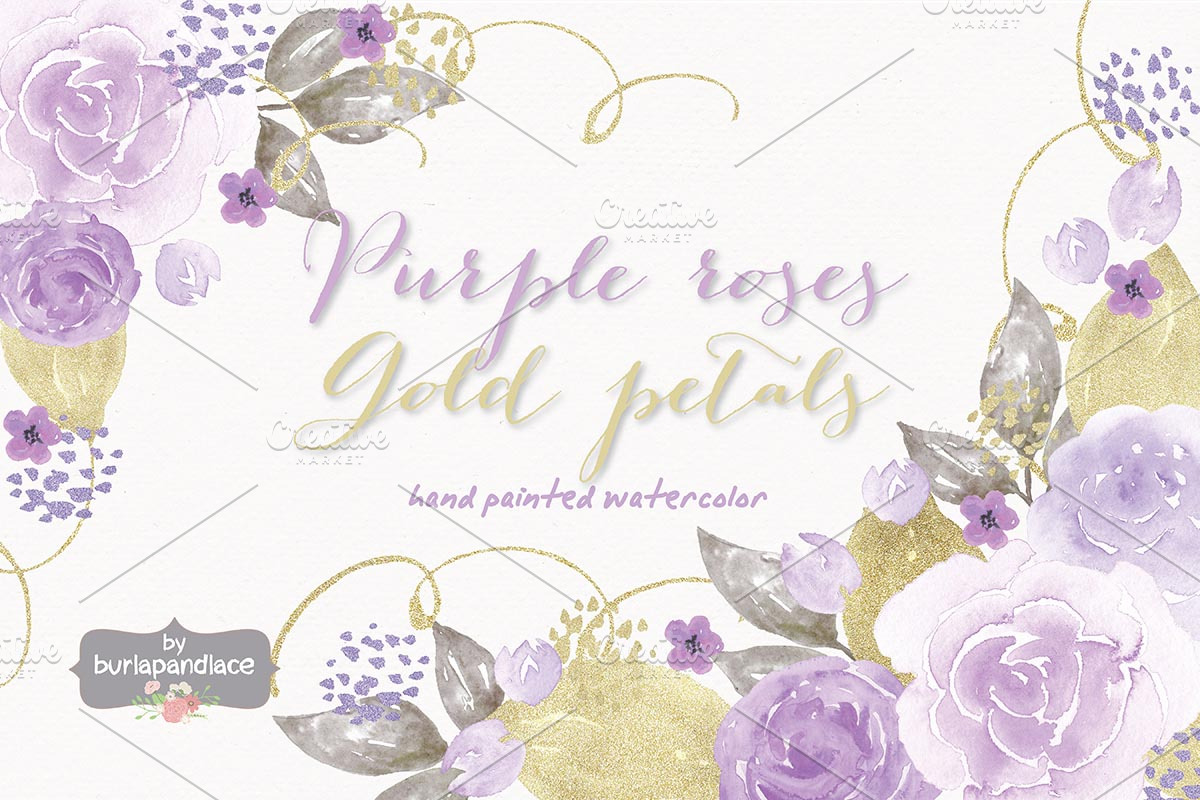 Purple roses, gold petals watercolor, an Illustration by burlapandlace (Photo 2 of 2)