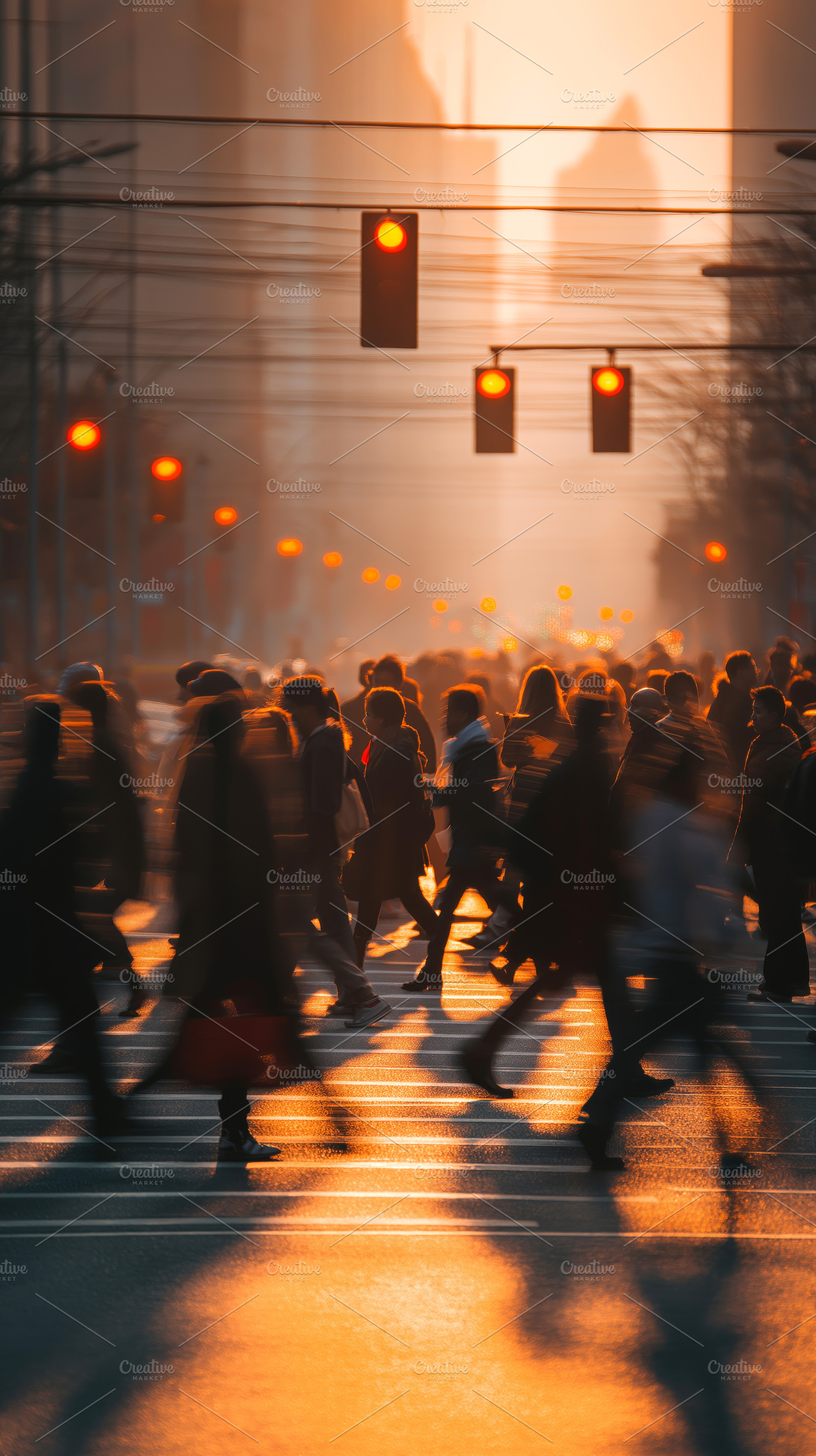 Vibrant City Life at Sunset: Silhouetted Pedestrians Cross Busy Intersection wi, a Person Photo by Ocean Digital Art