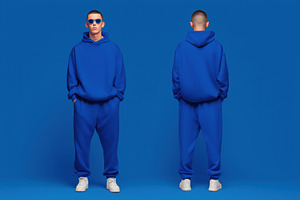 A young man wearing a blue hoodie and sweatpants sports suit mockup, standing a, a Hoody Mockup by Textures & Backgrounds