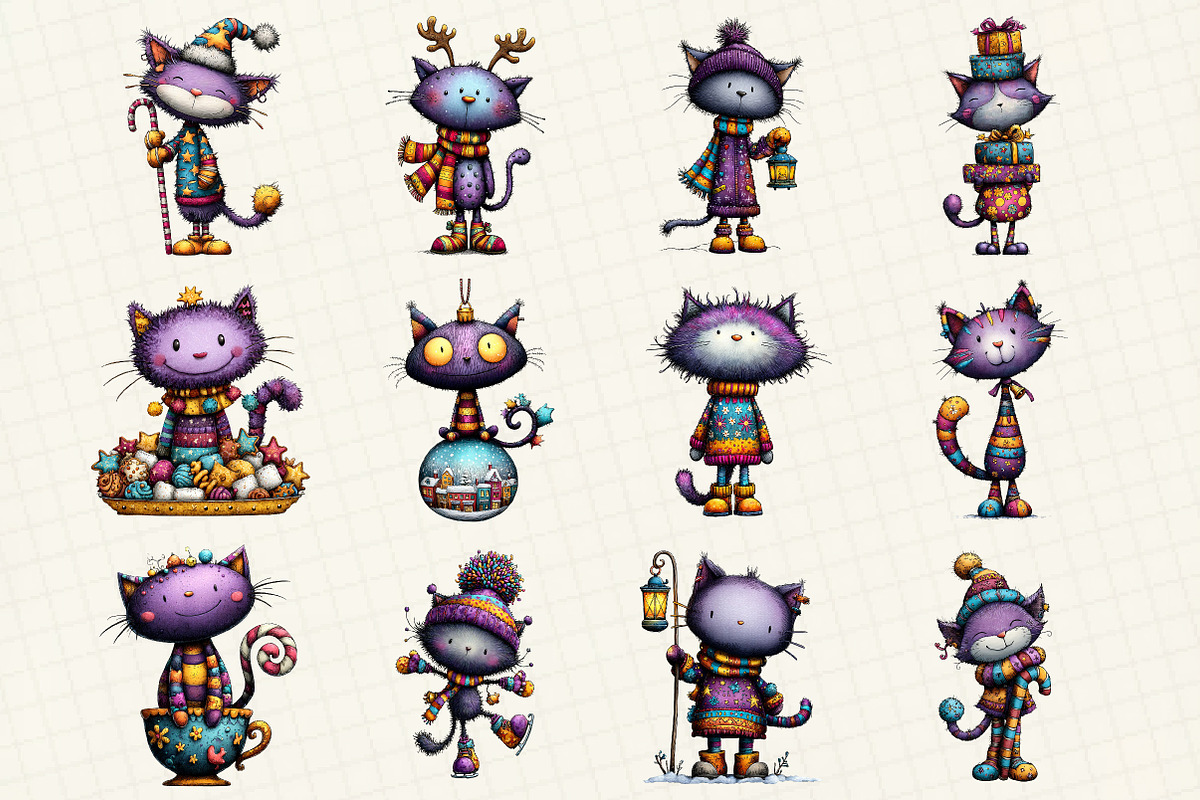 Whimsical Christmas Cat Clipart, an Illustration by DreamCafeArt (Photo 2 of 6)