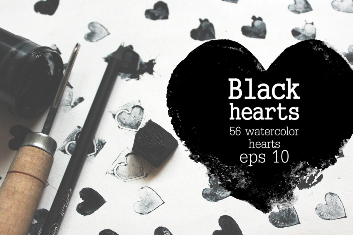 Set of black watercolor hearts, an Illustration by KatBranchArt (Photo 1 of 5)