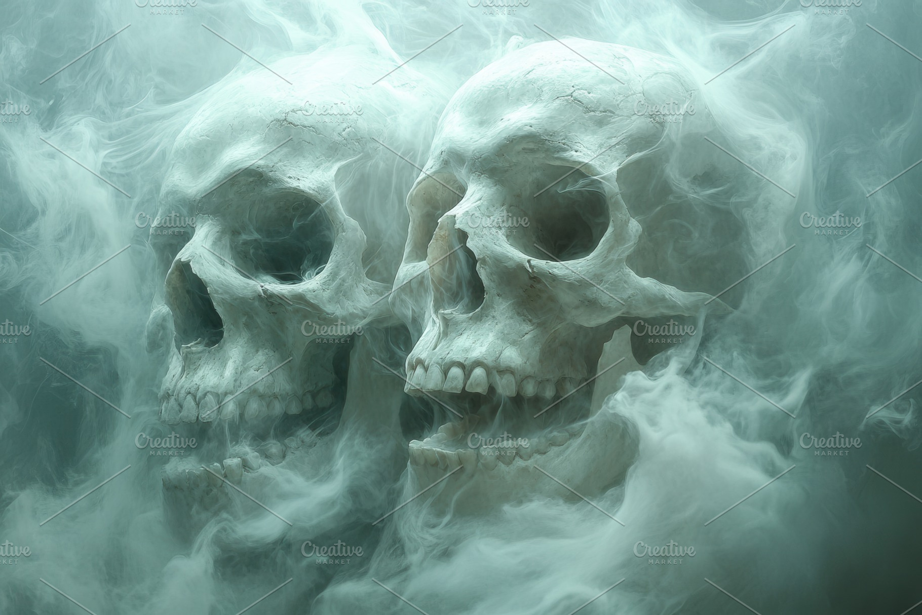 Mystical skulls shrouded in ethereal, a Photo by Tanuart