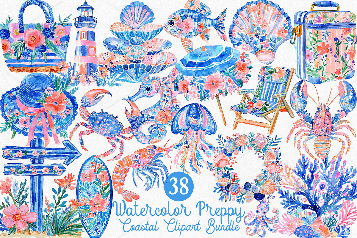 Watercolor Preppy Coastal Clipart, a Seasonal Illustration by Canvas Craft (Photo 1 of 7)