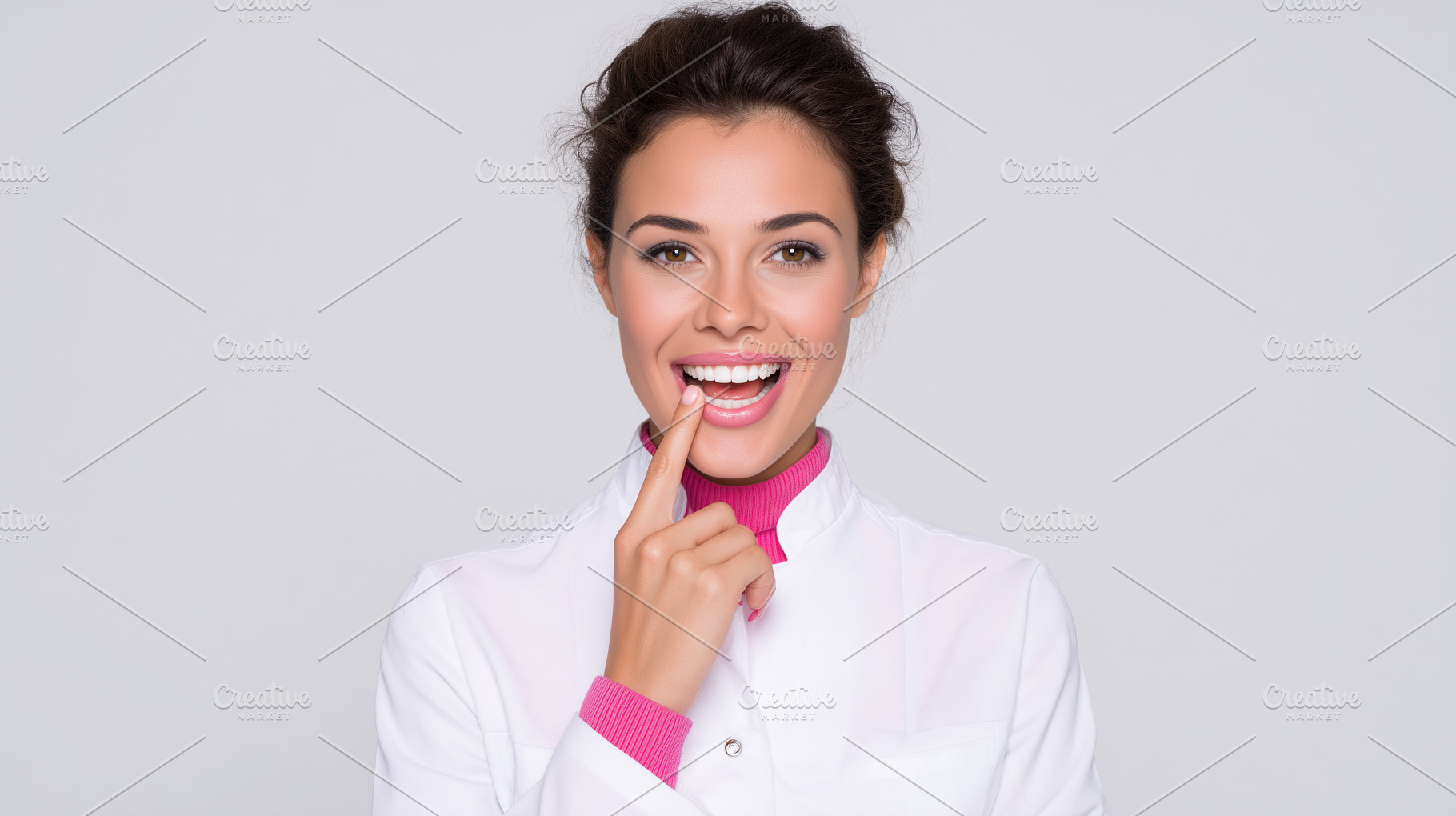 Smiling female dentist points to her, a Health & Medical Photo by MistyDay