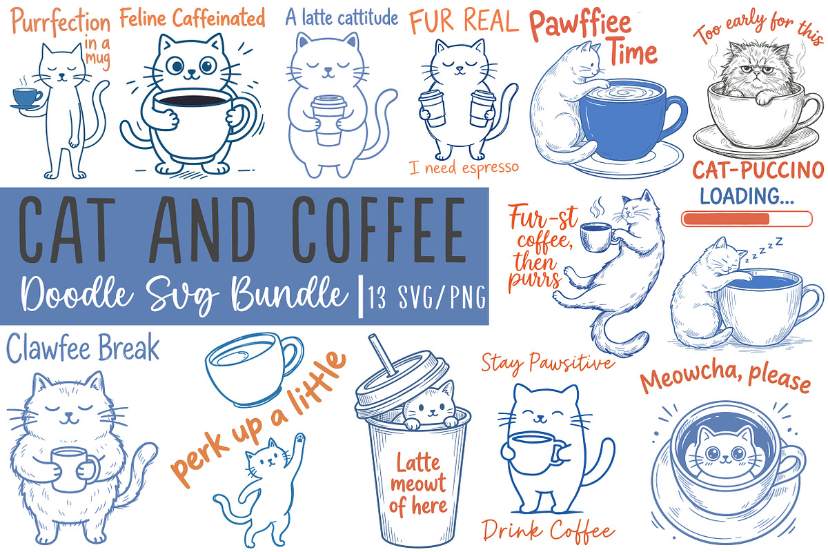 Cat and Coffee Line Art SVG Bundle, an Illustration by OK Design (Photo 1 of 5)