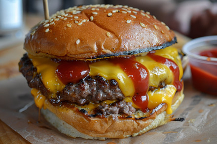 A cheeseburger on a bun with ketchup, a Photo by Iftikhar Alam